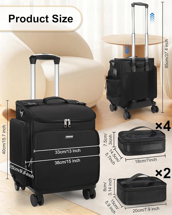 Relavel Rolling Makeup Case, Hair Tools Travel Bag Cosmetology Case on Wheels with 6 Clear Bags, Professional Hairstylist Bag Makeup Artist Storage Train Case Barber Organizer with 360° Spinner Wheels - Image 5