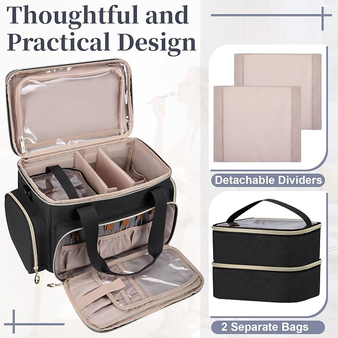 GDNasist Large Makeup Bag, Portable Travel Makeup Bag Organizer for Women Girls with 2 Removable Pouches & Detachable Dividers, Cosmetic Travel Bag, Toiletry Bag for Makeup and Hair Supplies Black - Image 7