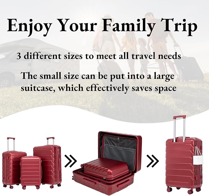 3-Piece ABS Spinner Luggage Set (20" 24" 28") with Combination Lock, Matching Hardshell Suitcases, Wine Red - Image 2