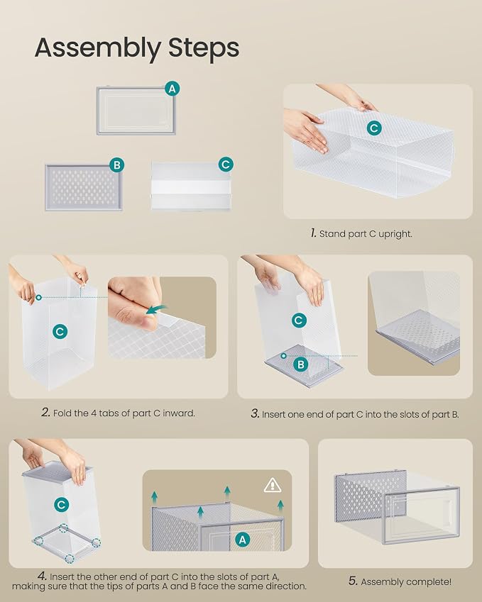 SONGMICS Shoe Boxes, Pack of 12 Shoe Storage Organizers, Stackable Clear Plastic Boxes for Closet, Sneakers, 13.1 x 9.1 x 5.6 Inches, Transparent and Gray ULSP006G12 - Image 7