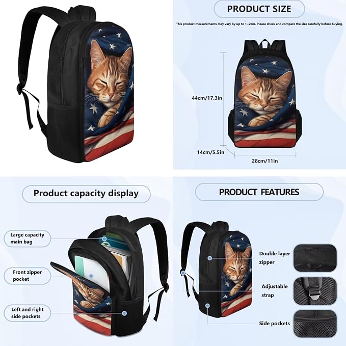 American Flag Cat Backpack for Girls Boys Backpack with Lunch Box Water Bottle Holder and Soft Pencil Pouch 4PCS Set Cute Bookbag with Compartments for School 17 inch Large School Bag for Kids - Image 4