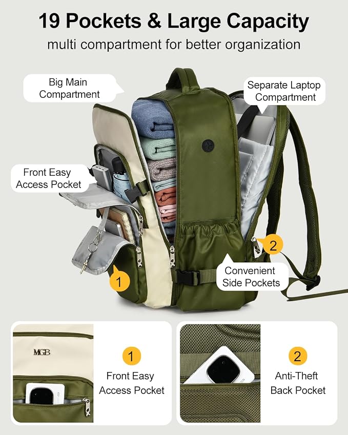 Travel Backpack for Women & Men, Carry On Backpack for Airplanes, Large Waterproof Laptop Backpack for Travel, Overnight, College & Commuting Green-Beige - Image 6