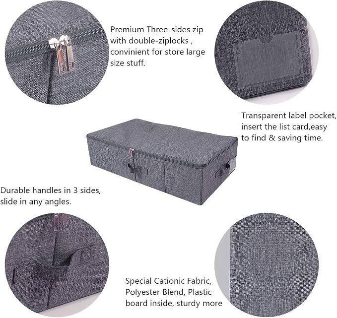 Folding Fabric Rigid Under Bed Closet Storage Bins with Zip Lid,Black Gray | Under bed Storage Boxes for Bedding/ Clothes/ Duvets/ Blankets/ Shoes, Hard Plastic Boards inside, 4 Handles, Washable - Image 3