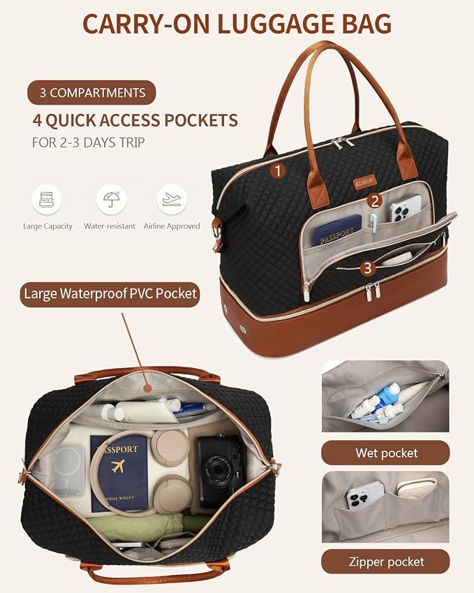 Weekender Bags for Women, Travel Duffle Bag Carry On Overnight Bag with Cosmetics Bag and Crossbody Purse for Gym Hospital, Gifts for Women, Black Brown - Image 5