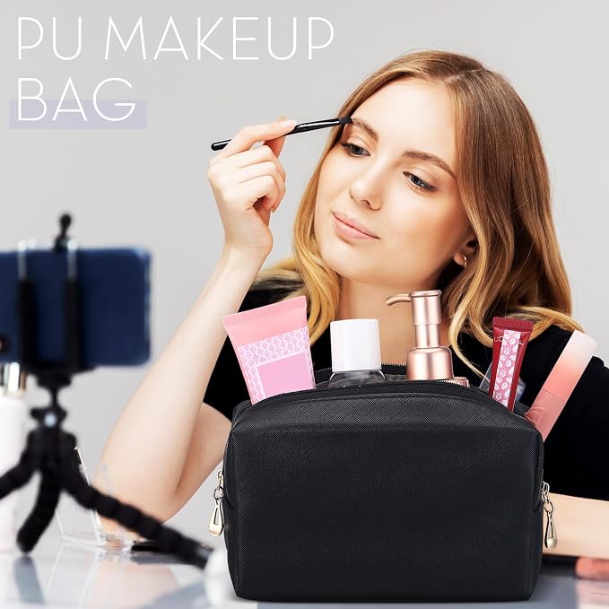 Kigeli Aesthetic Makeup Bags PU Leather Cosmetic Pouches Waterproof Plain Toiletry Bags Makeup Pouches Bulk for Women Party Gift Travel Storage Organizer(Black,7.1 x 2.8 x 4.3 in) - Image 6