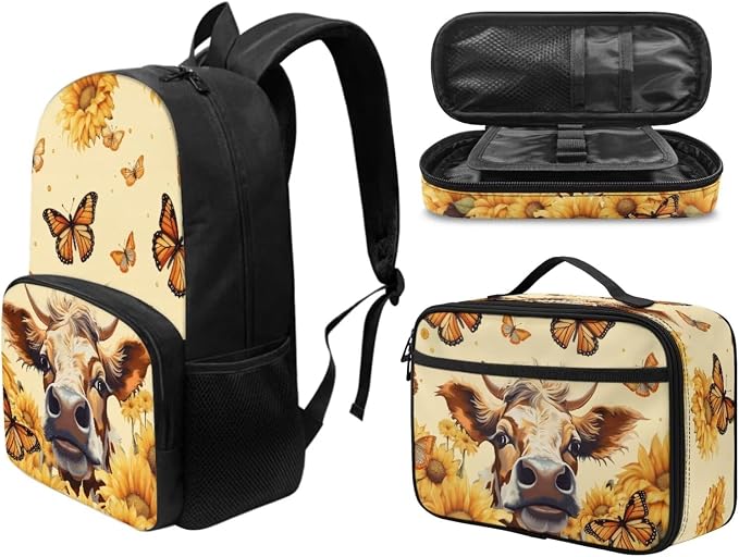 Highland Cow School Backpack for Girl 3 in 1 Schoolbag Kids Butterfly Backpacks and Lun Boxes Pencil Case 17 Inch Daypack School Supplies Teen Child School Bookbag Set for Primary Secondary - Image 2
