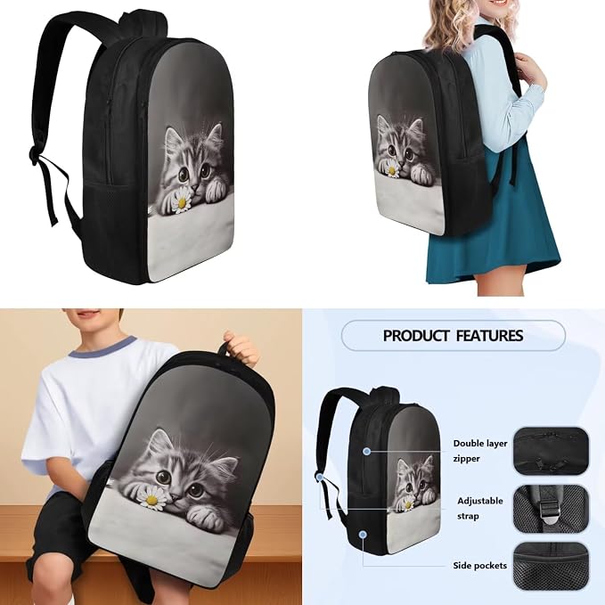 Large Backpack for School 4 Pcs, Cat Daisy Print Teens Bookbag School Book Bag with Insulated Lunch Bag Pencil Case Water Bottle Sling, Back to School Supplies - Image 3