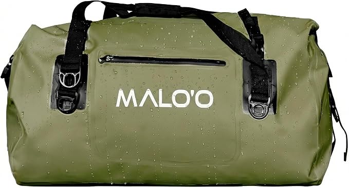 Malo’o Waterproof Dry Duffel, Heavy-Duty Roll Top Waterproof Gear Bag with Shoulder Strap & Molle Loops, Marine Duffel for Kayaking, Boating, Camping, Beach & Travel, Dark Green, 40L by Maloo