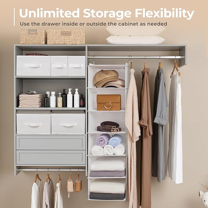 GRANNY SAYS Hanging Closet Organizer and Storage, 6 Shelf Clothes Organization with Drawers, 6 Side Pockets Closet Hanging Shelves for Bras, Socks, Underwear, Nursery Room, Wardrobe, White, 1-Pack - Image 5