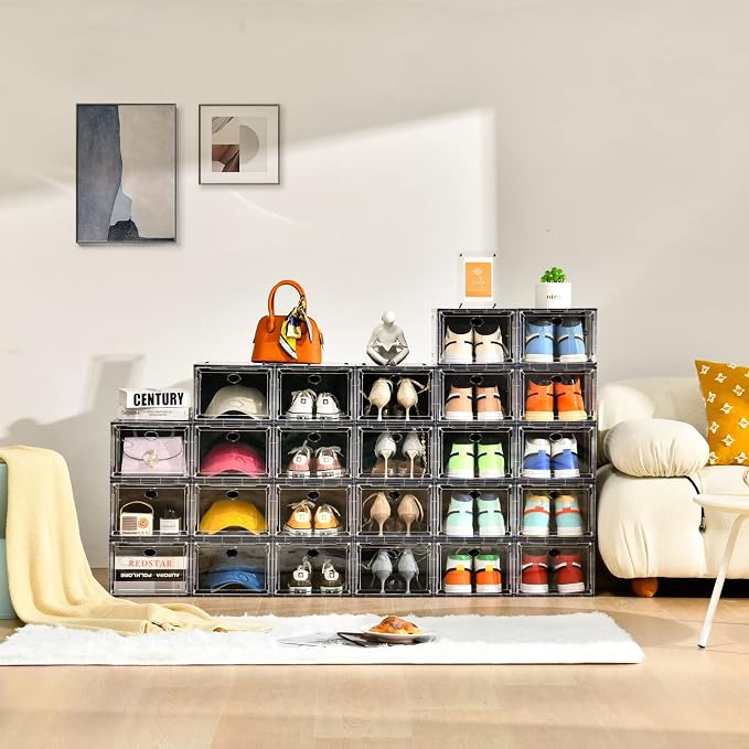 Amllas 10 Pack Shoe Boxes Stackable,Upgraded Sturdy Storage Boxes with Clear Magnetic Door,Multifunctional Sneaker Organizer Fit up to US Size 12 (13.8”x 9.84”x 7.1”) - Image 6