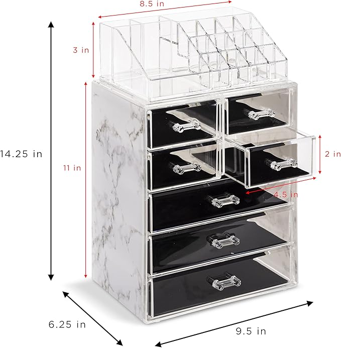 Sorbus Acrylic Makeup Organizer Set, 7-Drawer Vanity & Countertop Cosmetic Storage with Small & Wide Compartments, Marble Print Makeup Storage for Brushes, Jewelry – Holiday Gift for Women & Teens - Image 3