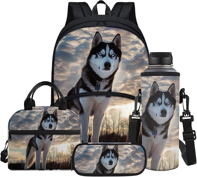 Cute Snow Husky Print Boys Backpacks 4pcs/set School Bag Bookbags Shoulder Water Bottle Sleeve Insulated Food Handbags Case Pencil Holder by Glomenade