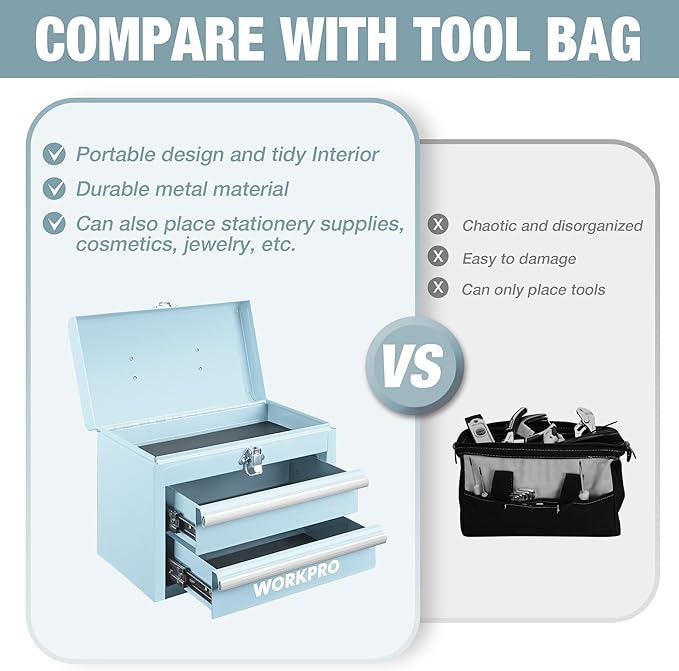 WORKPRO Portable Mini Metal Tool Box with 2 Drawers | Metal Tool Chest, Ball Bearing Slides, Top Storage, Latch Handle, PVC Drawer Liners, PP Feet Pads - Image 5
