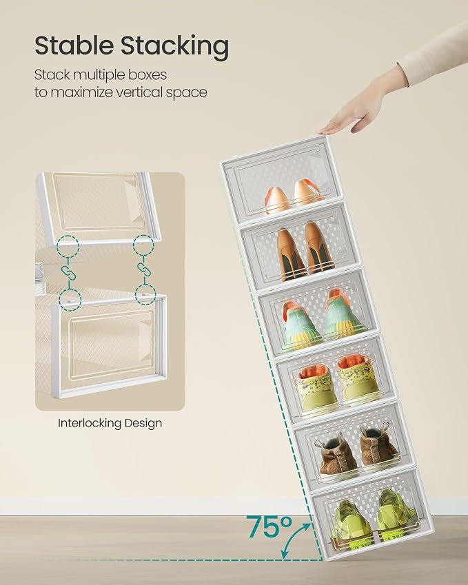 SONGMICS Shoe Boxes, Pack of 12 Shoe Storage Organizers, Stackable Clear Plastic Boxes for Closet, Sneakers, 13.1 x 9.1 x 5.6 Inches, Transparent and White ULSP12SWT - Image 3