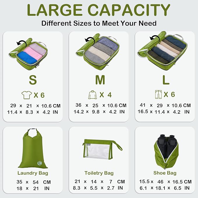 Cipway Compression Packing Cubes, Lightweight Travel Luggage Organizers with Shoe Bag, Toiletry Bag & Laundry Bag, Travel Essentials for Carry on Suitcase (8 Piece,Green) - Image 6