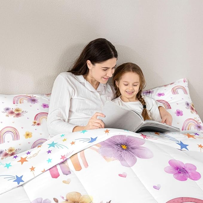 Girls Rainbow Comforter Set King, Flower Petal Bedding Set For Kids Children Women, Rainbow Stripes Floral Duvet Insert Hand Drawn Iridescent Bedding Comforters With 2 Pillow Cases, Colorful - Image 5