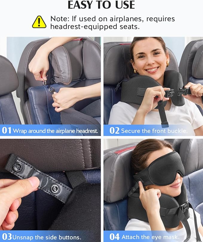 YFONG Travel Pillow for Long Flights, Patented 360° Ergonomic Sleeper Hold Head Support System with Memory Foam Neck Pillow & 3D Sleep Mask, Prevent Head Bobbing for Airplane & Road Trip, Black - Image 7