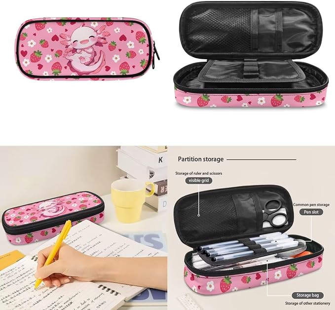 Axolotl Backpack for Girls 17Inch School Bag Set | Girls Schoolbag Strawberry Backpack Set with Lunch Box and Pencil Pouch 17 Inch Laptop Bag Casual Daypack, 3Pcs - Image 6