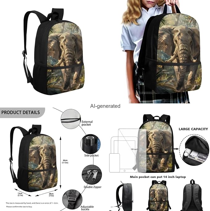 Elephant Backpack for Kids Boys Backpack with Lunch Box Water Bottle Holder and Soft Pencil Pouch 4PCS Set Bookbag with Front Pocket for School Teens 17 inch Lightweight School Bag for Girls - Image 3