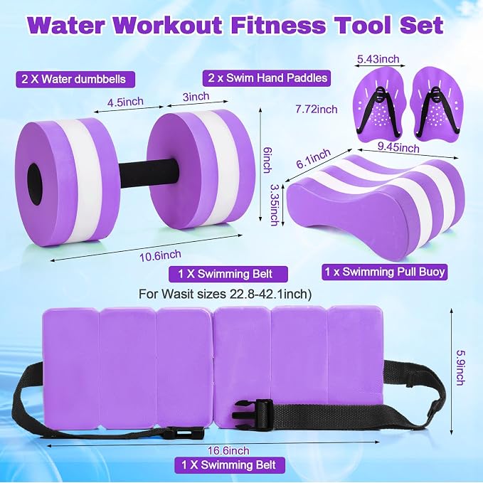 7 Pcs Pool Exercise Set Including 2 Lightweight Aquatic Dumbbells, 2 Swimming Hand Paddles, Pull Buoy, Pool Mesh Bag Swim Belt Sport Equipment for Water Aerobics Exercise - Image 2