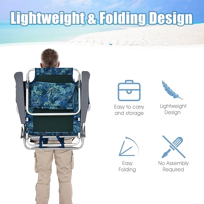 Giantex Folding Beach Chair, Patio Sling Chairs with 5 Adjustable Position, Head Pillow, Storage Bag, Towel Bar, Cup Holders, Backpack Chairs for Sunbathing, Camping Chair - Image 5