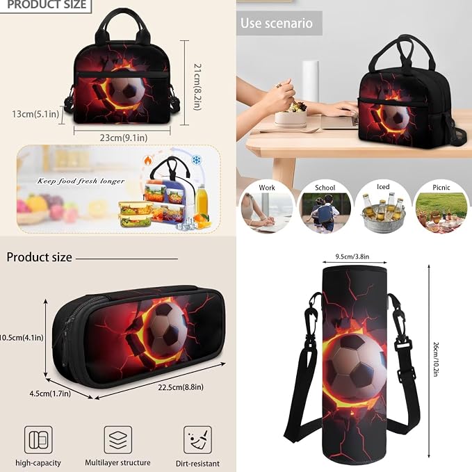 4 Pack Boys Backpack Football Backpack Fire Football Bookbag with Insulated Lunch Box Pencil Case Water Bottle Holder Bag Lightweight Casual Daypack for Preschool,Elementary，Middle High School - Image 6