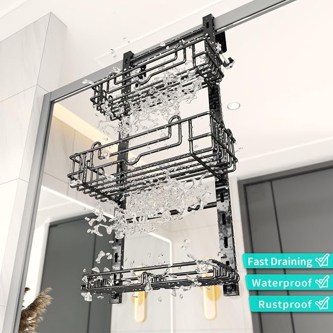 HapiRm 3 Tier Over the Door Shower Caddy, Hanging Shower Caddy with 16 Hooks and 2 Soap Holders, No Drilling Adjustable Hanging Bathroom Organizer - Black - Image 4