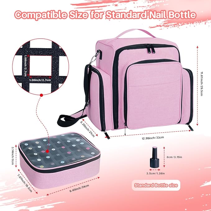 Nail Polish Organizer Case Hold 90 Bottles with 3 Detachable Bag,Pink | Portable Travel Storage Box Designed for Women's Nail Tools, Essential Oils and Cosmetics Sets - Image 3
