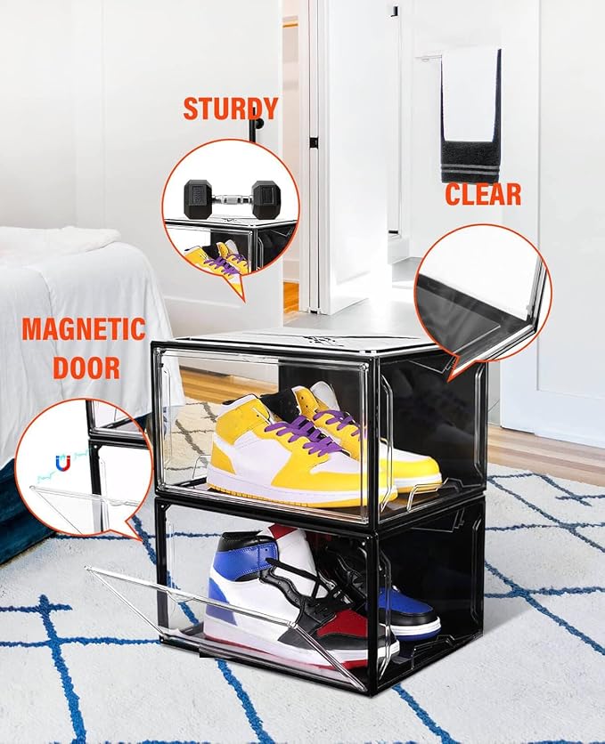 KDOR Clear Shoe Boxes Stackable, 3 Pack Shoe Storage Box with Lids Magnetic Door, Clear Sneaker Storage Acrylic Boxes for Display, Fit Shoe Size Up to US 15（Side 3 PACK BLACK） - Image 3