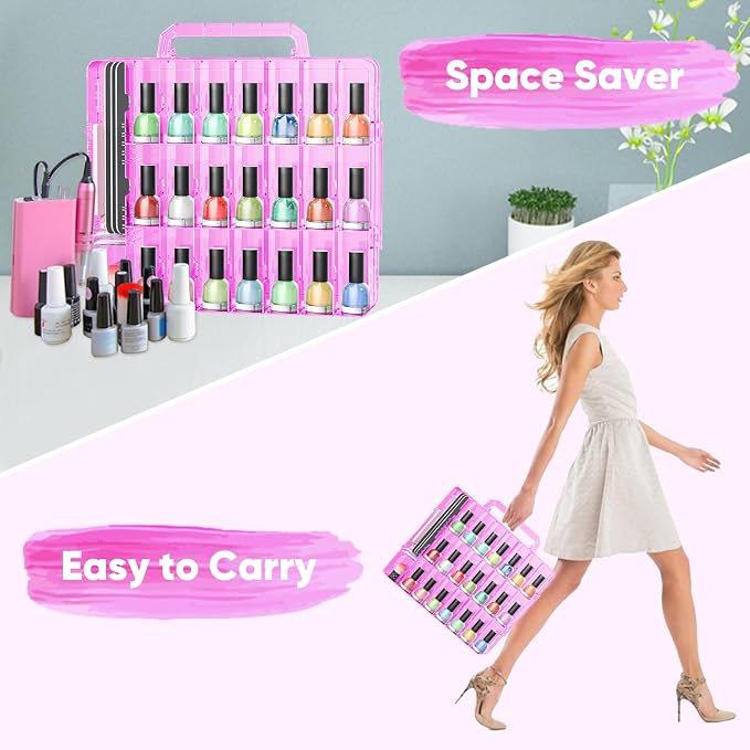 JIASHENG Nail Polish Organizer Case for 48 Bottles Gel Nail Polish Storage | Double Side Adjustable Space Divider for Acrylic Nail Gel Dip Powder Tips Set with Two Toe Separator, Pink - Image 5
