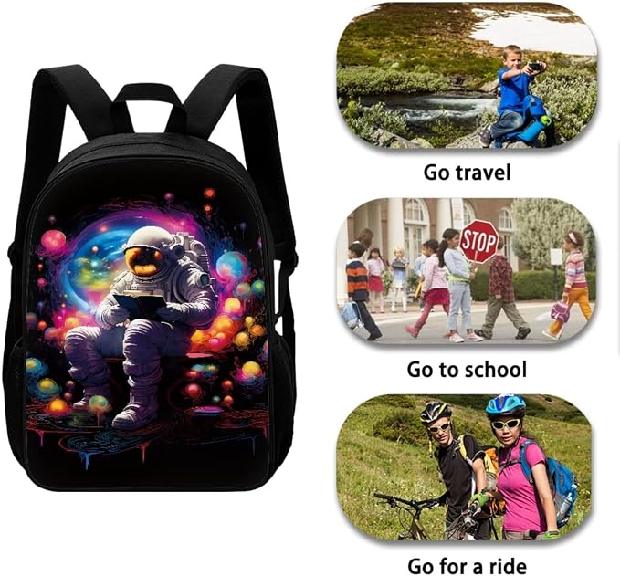 Mumeson Colorful Bubble Astronaut Backpacks Big Capacity Bookbag School Bags Set Portable Insulated Lunch Bag with Side Mesh Pocket Small Pencil Case Back to School Supplies 3 Pack Set - Image 4