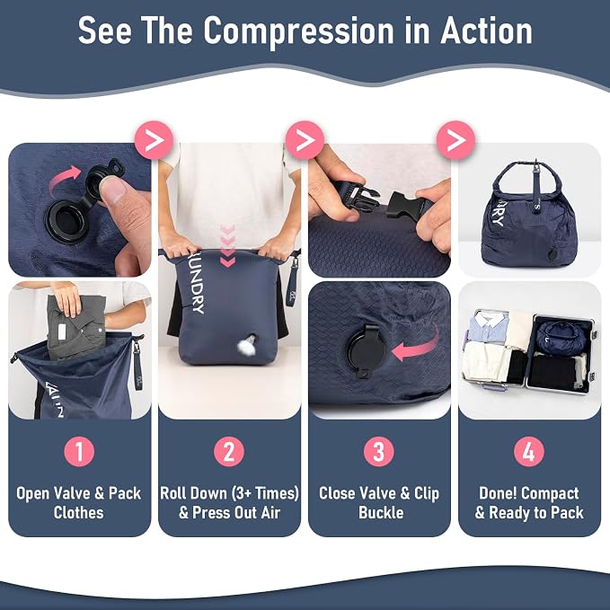 WiseBoy 2 Pack Travel Laundry Bag, Compression Storage for Dirty Clothes | waterproof nylon keeps gym & swim gear separate from clean clothes, easy-carry handles, pump-free compression saves space - Image 7
