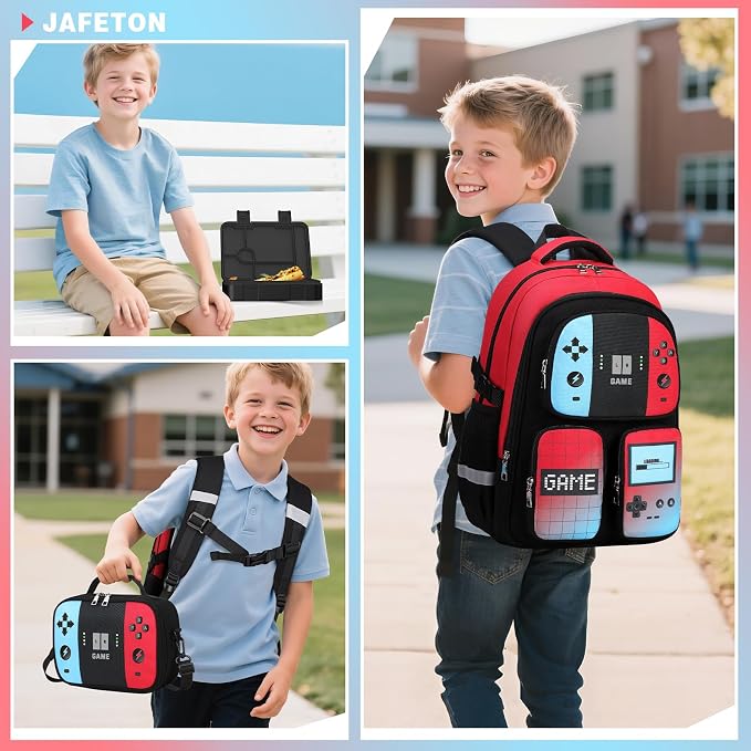 Jafeton School Backpack for Boys, 4 PCS Gamer Boy Backpack Set with Bento Box, Lunch Box & Pencil Pouch, Waterproof Schoolbag for Boys Kids Teens, Elementary Middle School, Kid Bookbag Casual Daypack - Image 9