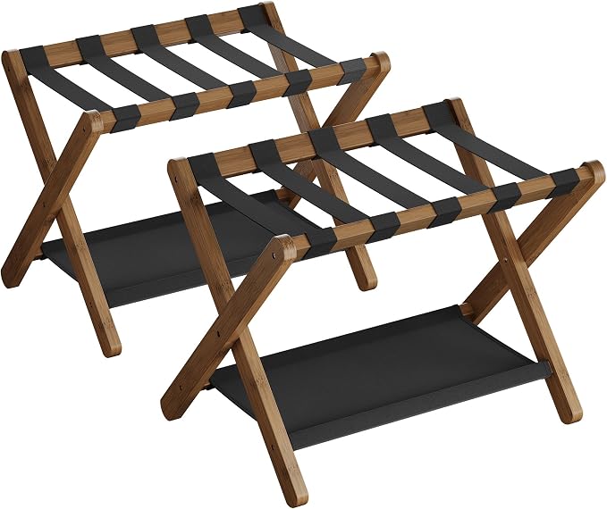 SONGMICS Luggage Rack, Set of 2, Folding Suitcase Stand with Storage Shelf, for Guest Room, Hotel, Bedroom, Heavy-Duty, Holds up to 131 lb, Walnut Brown URLR007D02 by Unknown