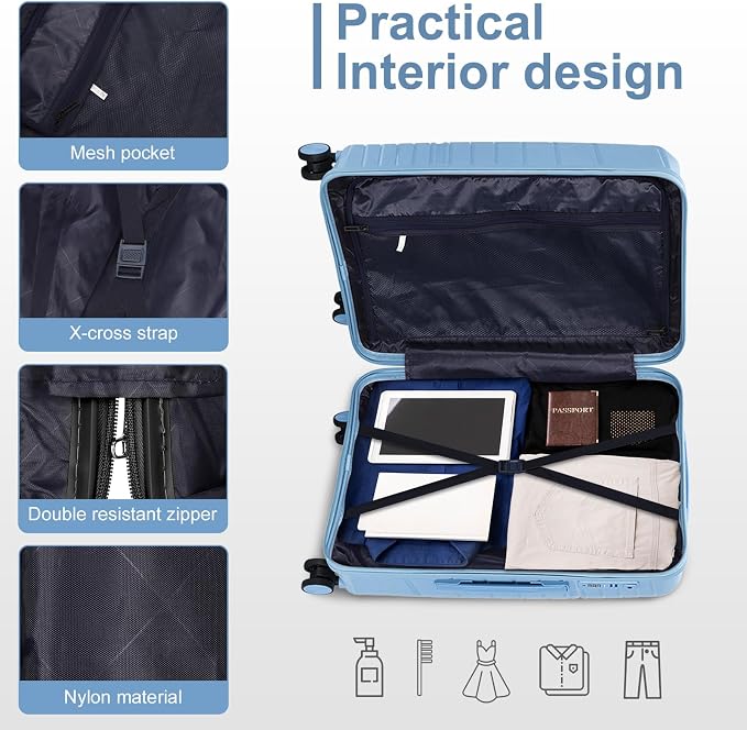 Karl home Luggage Sets 3 Piece, PP Hardshell Carry on Suitcase with Bags, Lightweight Suitcase Sets with Spinner Wheels TSA Lock Waterproof Rolling Luggage for Travel (3pcs, Sky Blue) - Image 8