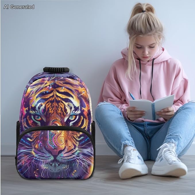 Fierce Tiger Kids Boys Backpack with Lunch Box Water Bottle Carrier with Strap and Soft Pencil Case Elementary 4PCS Set Bookbag Front Side Pocket 17 inch Large Capacity School Bag Gifts - Image 2