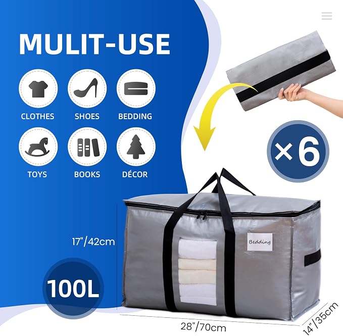 TAILI Extra Large Moving Bags, 6 Pack Silver Heavy Duty Totes For Storage with Visible Window, Wrap Around Handles, Storage Bags for Space Saving, Alternative to Moving Boxes - Image 2