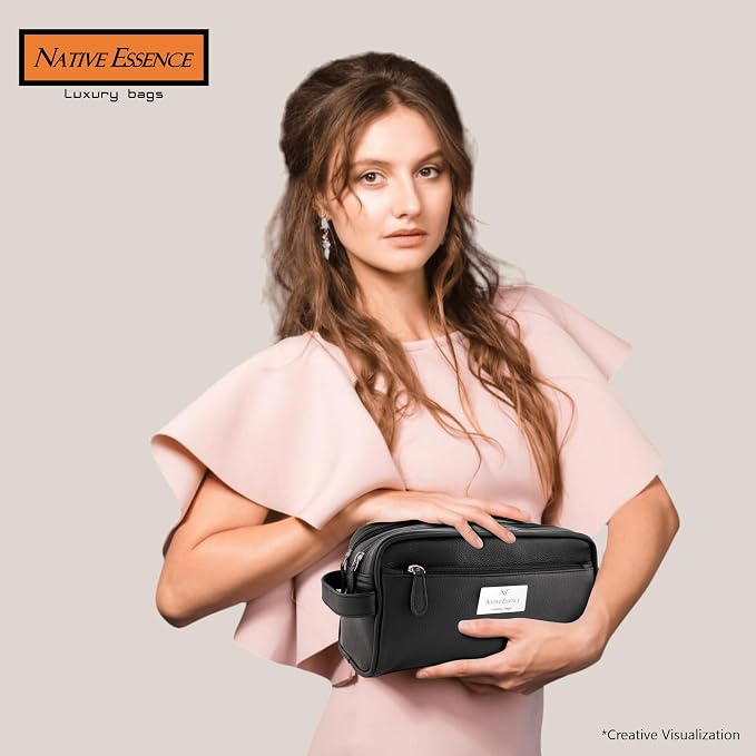 NATIVE ESSENCE Genuine Leather Toiletry Bag for Men & Women, Black | Dopp Kit, 2 Compartments, Travel Shaving & Grooming Organizer - Image 9