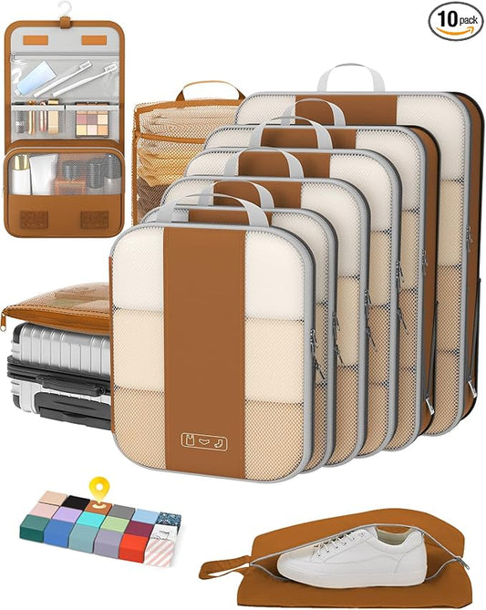 OlarHike 10 Set Compression Packing Cubes for Travel Essentials,Compressible Expandable Space Saver Bags for Organizing Clothes,Luggage Suitcase Garment Bags with Over 1000 pcs Mesh Holes(Brown) by OlarHike