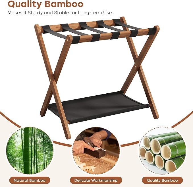 Fully Assembled Walnut Luggage Racks Set of 2, Bamboo 26.77" Luggage Rack Stand for Guest Room, 5 Nylon Straps, Foldable Suitcase Stand with Storage Shelf for Bedroom Hotel, Holds up to 165 Lbs - Image 6