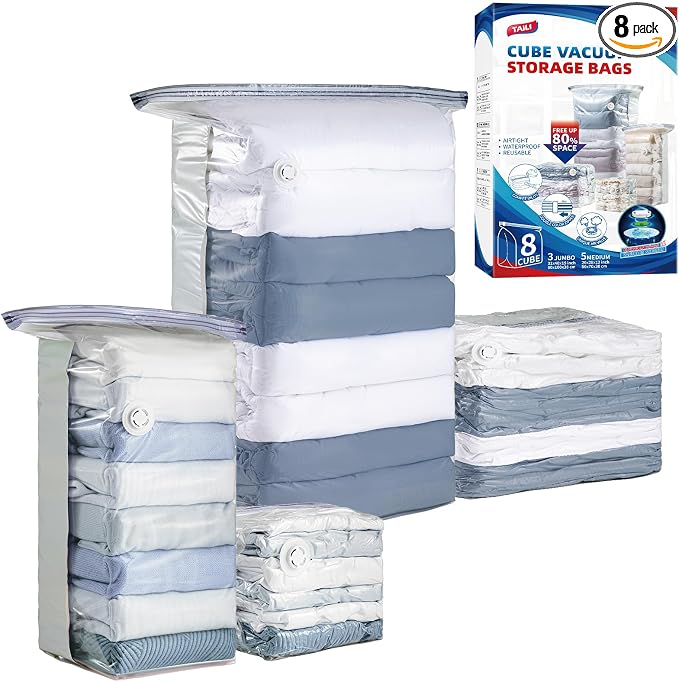 TAILI 8 Pack Vacuum Storage Bags, Cube Combo Space Saver Bags (3 Jumbo +5 Medium), Vacuum Seal Bags for Clothing, Bedding, Comforters, Blankets, No Pump Compression Cube, 2 Size, Cream by TAILI