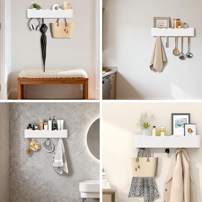 Wall Mounted Coat Rack with Shelf, Wooden Entryway Organizer with Hidden Metal Hooks for Hanging Coats Bags Keys, Modern Floating Shelf for Hallway Bathroom - Image 8
