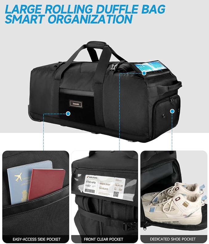 100L Rolling Duffel Bag with Wheels, 4-way Carry Foldable Large Travel Duffle with Backpack Straps & Shoe Compartment, Heavy Duty Luggage for Weekend, Camping, Moving, Includes 3 Organizers - Image 6