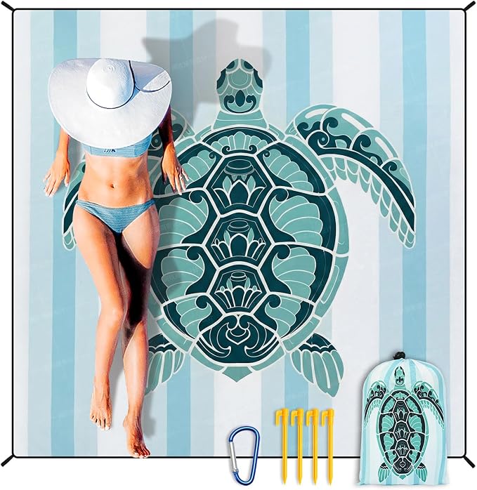 WIWIGO Beach Blanket Sandproof Extra Large Beach Mat Adults Waterproof Quick Drying Sand Free Mat Made By Premium Polyester with 4 Stakes & 4 Corner Pockets for Outdoor Travel Camping Hiking by WIWIGO