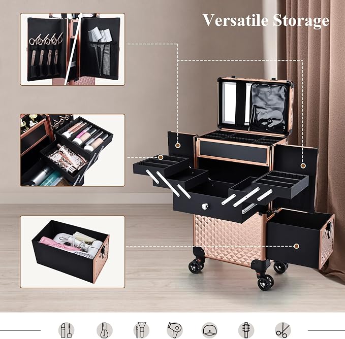 Professional Makeup Artist Rolling Train Case Multi-functional Cosmetic Train Case Large Trolley Storage Case for Nail Technicians Cosmetology Case for Hairstylist Rose Gold - Image 4