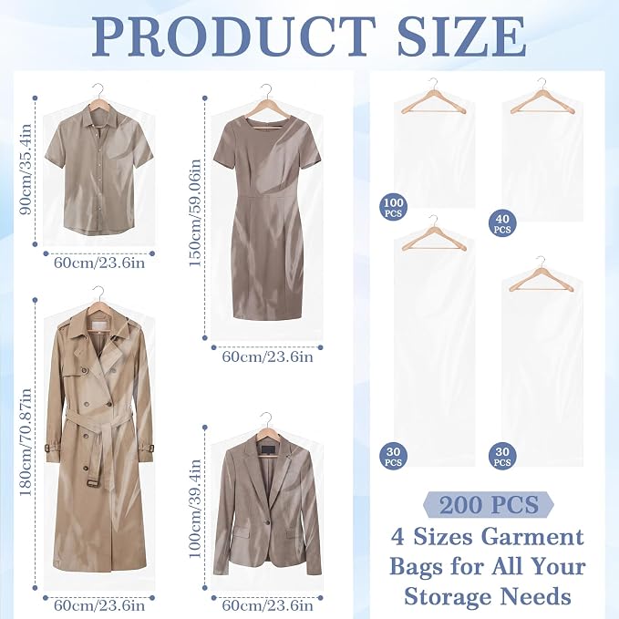 200 Packs Garment Bags for Hanging Clothes, 35"/40"/60"/70" Clear Plastic Dry Cleaner Bags for Shirt, Long Dress, Coat, Closet Storage, Waterproof Dustproof Suit Covers for Closet Travel Moving - Image 2