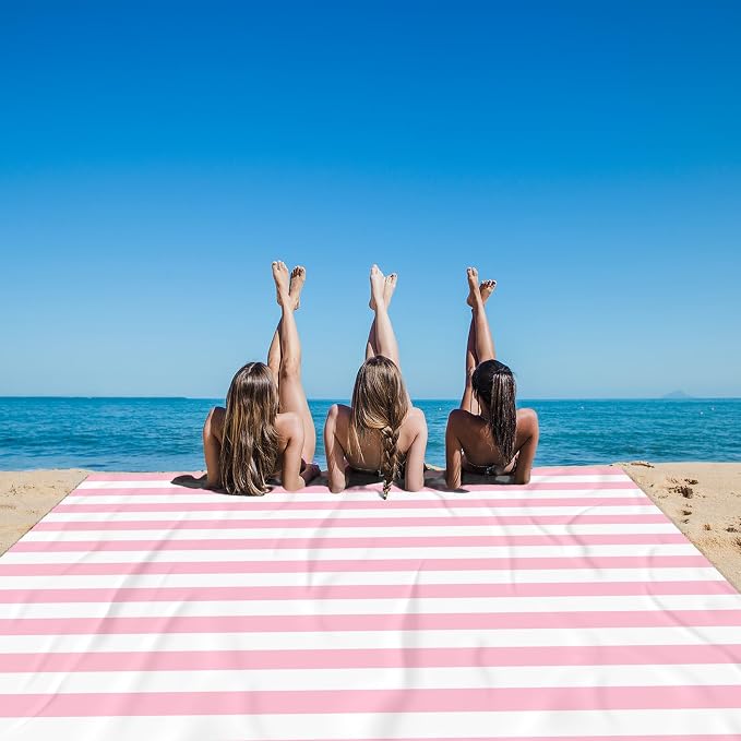 Pink Stripe Beach Blanket Sandproof Waterproof, Extra Large 78''×86'' Beach Mat for 1-4 Adults with Stakes and Sand Pocket, Compact Lightweight Sand Free Picnic Mat Beach Essential - Image 2