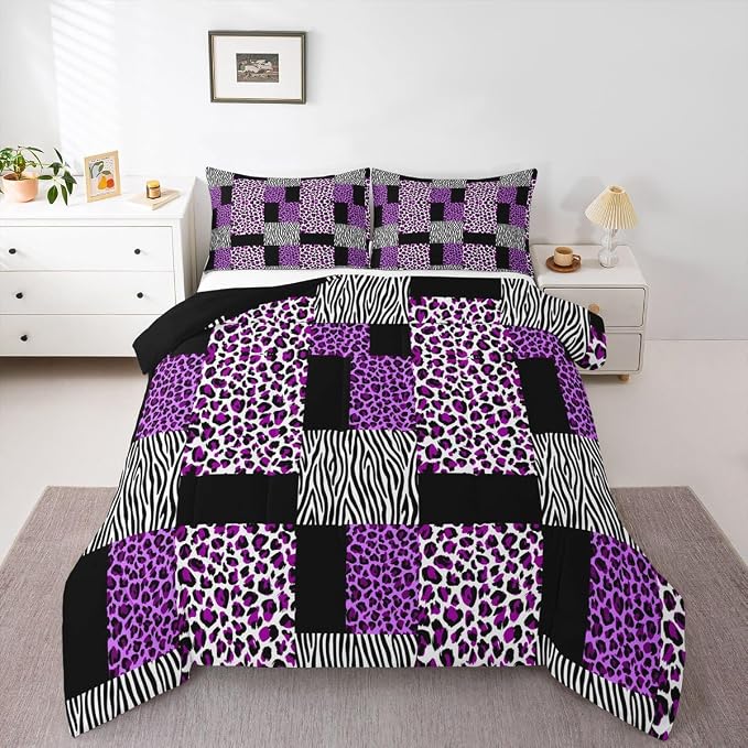 Erosebridal Purple Leopard Bedding Set Patchwork Cheetah Print Comforter Sets King Size for Girls Teens Adults Women Bedroom Black Zebra Pattern Duvet Sets Animal Skin Down Comforter 2 Piece by Erosebridal