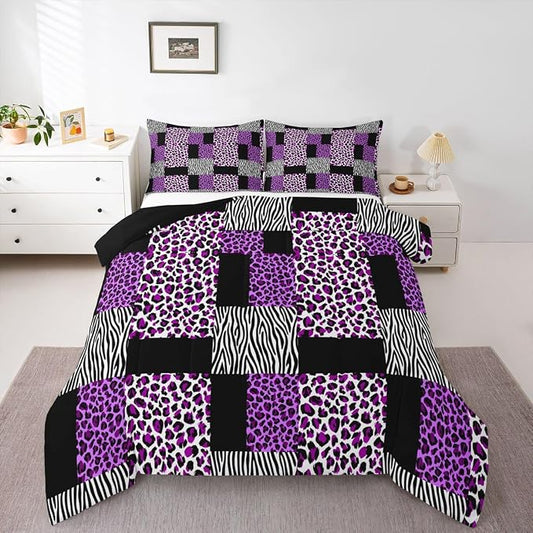 Erosebridal Girls Leopard Full Size Bedding Set Patchwork Black Purple Cheetah Print Comforter Set Women Black White Zebra Comforter Kids Wildlife Animal Bedding Quilt Soft Lightweight 2 Pillowcases by Erosebridal