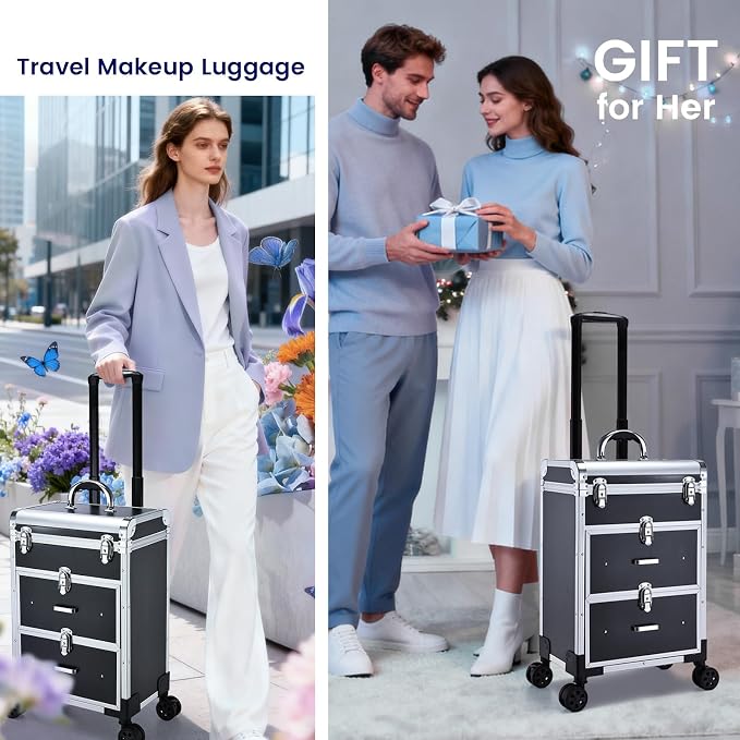Professional Rolling Makeup Train Case with Drawers, Large Cosmetic Trolley with Locks, Cosmetics Storage Organizer Make up Case for Travel Makeup/Nail Art/Hair Styling, Matte Black - Image 7